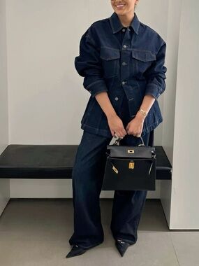 Zara Denim Jacket Cinched Fitted in Dark Blue NWT